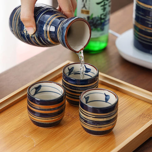 Sake Set Blue Japanese 5 Pieces Traditional Japanese Sake Cup Set Hand Painted Design Porcelain Pottery Ceramic Cups Crafts Wine Glasses Gifts (Blue Wise, 200 ML)