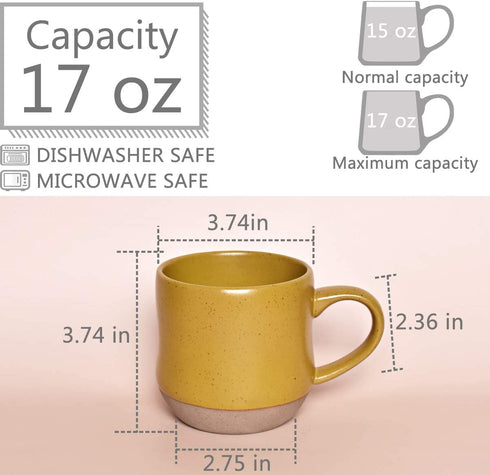 Bosmarlin Large Stoneware Coffee Mug Set of 2, Big Tea Cup for Office and Home, 17 Oz, Dishwasher and Microwave Safe, 1 PCS (Yellow, 2)