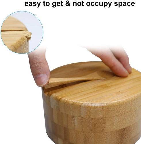 Bamboo Salt and Pepper Bowls by HTB, Divided Salt Cellar With Swivel Lid and Spoon, Seasoning Containers With Magnetic Lid to Keep Dry, Mini Spoon Built Into Top, Great When You May Have Messy Hands