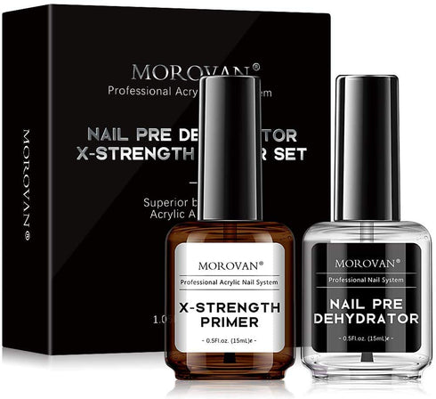 Morovan Nail Primer and Dehydrator for Acrylic Nails, Professional No Burn Fast Air Dry Nail Prep Dehydrator and X-Strength Primer Superior Natural, Acrylic Powder Application (0.5Fl oz)