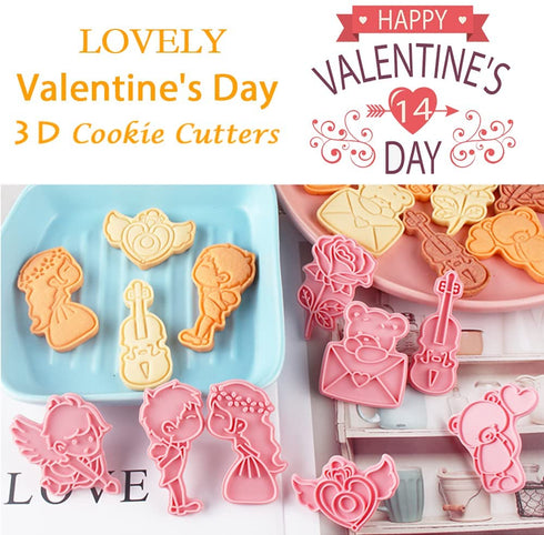 Lovely 3d Valentine's Day Cookie Cutters Set, Angel Heart, Red Rose, Romantic Violin, Couple in Love, Love Letter, Cute Bear, Cupid Arrow for Valentine Party Baking Gift (Pack of 16)