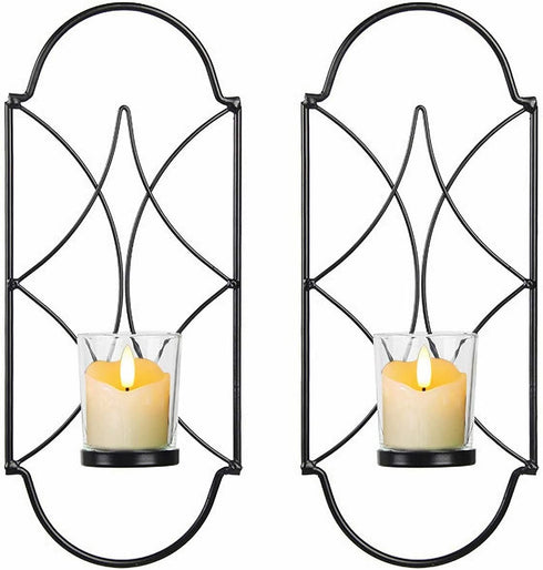 M-bay Wall Candle Sconce Set of 2 Black Wrought Iron Candle Holder Hanging Wall Mounted Candle Sconces with Glass for Home D©cor Porch Yard Pathway Lighting
