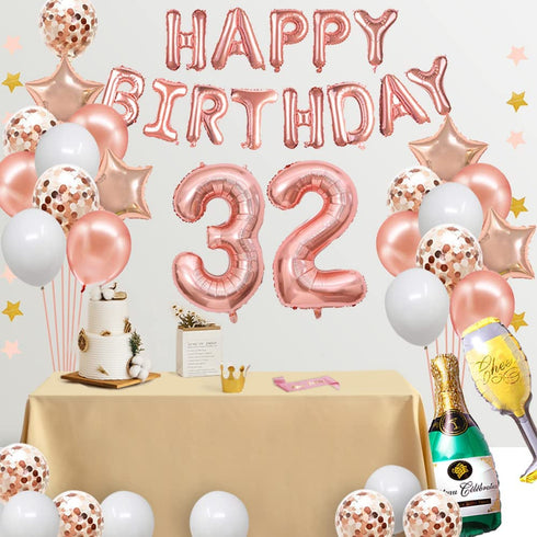 Fancypartyshop 32nd Birthday Decorations - Rose Gold Happy Birthday Banner and Sash with Number 32 Balloons Latex Confetti balloons Ideal for Girl and Women 32 Years Old Birthday Rose Gold