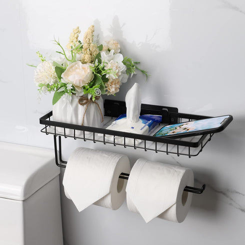 LKKL Paper Towel Holder Spice Rack and Multi-Purpose Shelf, Wall Mount Storage Organizer for Kitchen Pantry Laundry Garage Bathroom, Double Roll Toilet Tissue Holder, Paper Towel Rack- Matte Black