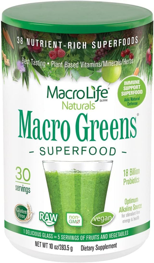 MacroLife Naturals Macro Greens Powder 38 Superfood Probiotic, Antioxidant, Enzyme & Herbal Supplement - Natural Immunity, Energy, Detox - Non-GMO, Vegan, Gluten-Free, Dairy-Free - 10oz (30 Servings)