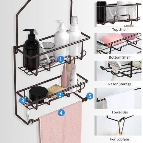 Shower Caddy Hanging over Shower Head Rust Roof Shower Organizer with 10 Hooks for Razor Shampoo Holder Bathroom Shower Rack Storage Shelf with Towel Bar Bronze