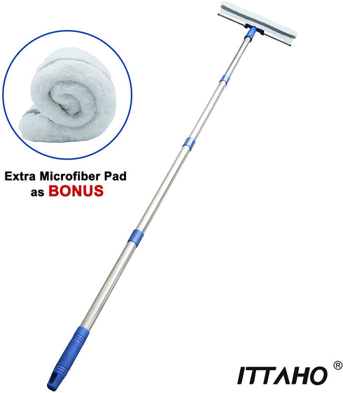 ITTAHO All Purpose Window Squeegee, with 58" Stainless Steel Long Handle and 2 Pcs Microfiber Scrubber Sleeve, 12" Squeegee for Window Cleaning, Car Window, Hard-to-Reach Areas Cleaning Tool