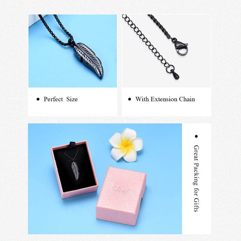 Oinsi Stainless Steel Feather Urn Necklace Hold Cremation Ashes Keepsake Memorial Jewelry +Box+Fill Kits