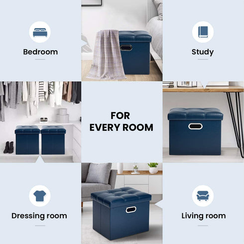 COSYLAND Storage Ottoman 17x13x13in Leather Ottoman Rectangle Footrest Footstool Folding Ottoman for Room Dorm Small Collapsible Bench Seat Organizer Entryway Furniture with Handles Lid Royal Blue
