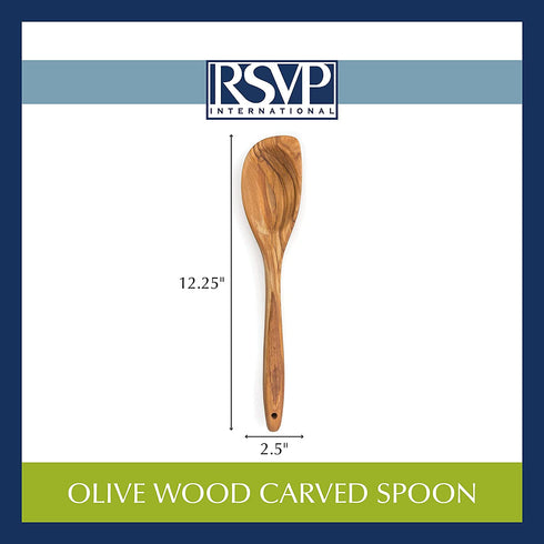 RSVP International Olive Wood Curved Spoon, 12" | Rustic, Natural Authentic Italian Olive Wood | Classic Style for Kitchens, Tables, & More | Functional for Serving Salads, Pasta, & More