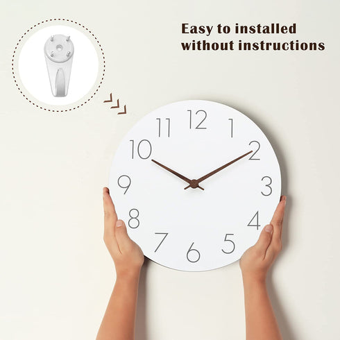 12'' Wooden Wall Clock - Plumeet Frameless Clocks with Silent Quartz Movement - Modern Style Village Wall Clocks Decorative Home Kitchen - Battery Operated (White)