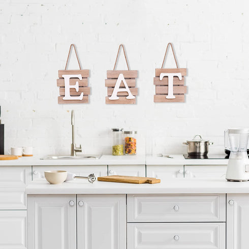 Eat Signs Wood Wall Art Wall Decor Plaque with Hanging Rope 3 Pieces Decorative Rustic Farmhouse Country for Kitchen Dining Living Home Decoration (White)