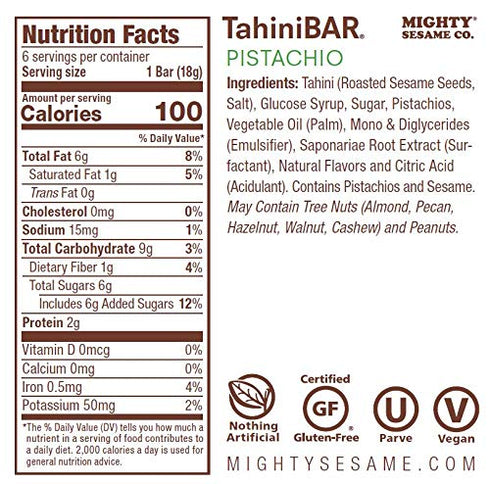 Mighty Sesame TahiniBars, Variety Pack (18 Bars) | 6 Pistachio - 6 Vanilla - 6 Cocoa Nibs | 100 Calorie Mini Halva Bars | Individually Wrapped