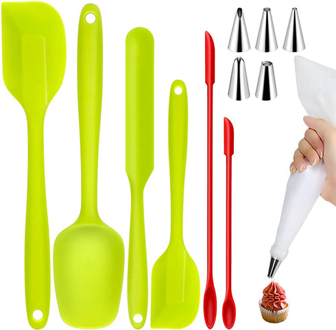 Rivvi Silicone Rubber Spatula Set of 14 includes 2 Mini Spoons and Piping Tips Set for Baking Cooking Mixing Heat Resistant Non-Stick Dishwasher Safe Small Cream Cake Spatulas Scraper Kitchen Utensils