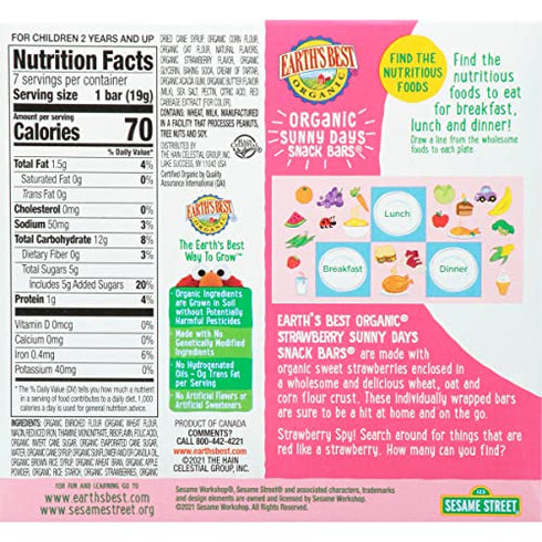 Earth's Best Organic Sesame Street Sunny Day Toddler Snack Bars with Cereal Crust, Strawberries, 7 Count Box