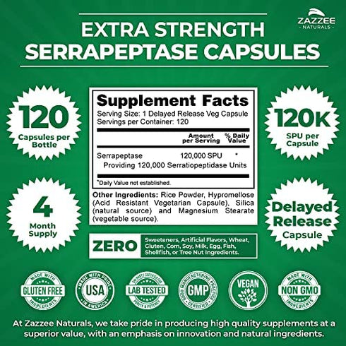 Zazzee Extra Strength Serrapeptase 120,000 SPU, 120 Vegan Capsules, Delayed Release, Systemic Enzymes, Supports Healthy Sinuses and a Healthy Immune System, Non-GMO and All-Natural