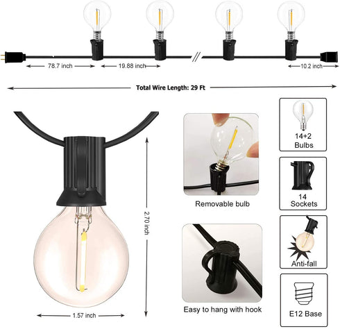 Outdoor String Lights 29ft G40 Patio Lights String with 16 Shatterproof Globe LED Bulb,Waterproof Connectable Hanging Lights for Porch Balcony Bistro,2700K Warm Glow Cafe Lights with E12 Socket