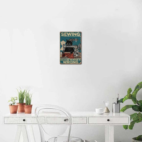 DPHGQGK Black Cat Sewing Because Murder is Wrong Black CatCat Vintage Cat Lover Gift Vintage Bar Signs Tin Sign 8x12inch