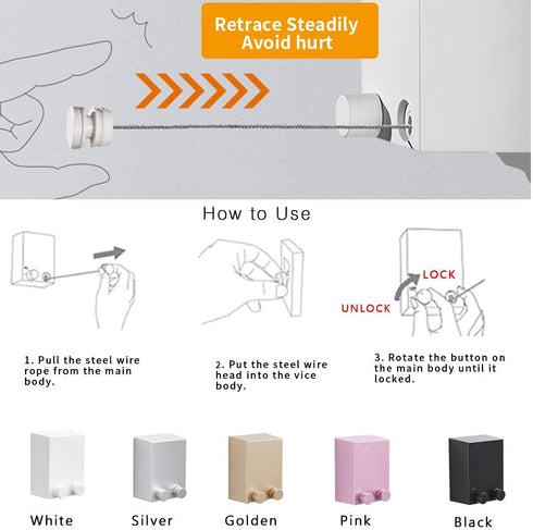BESy Retractable Clothesline ABS case+Aluminum Dryer with Adjustable Stainless Steel Rope String Hotel Style Heavy Duty, Drill Free & Wall Mounted Method, 13.8 Feets,White