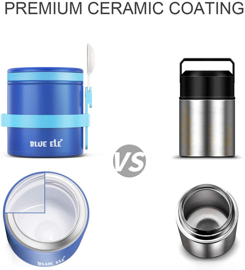 BLUE ELE Leakproof, Vacuum Insulated Thermos Hot Lunch Containers with Ceramic-Coated Stainless Steel, Easy Grip Lid, and Folding Spoon, 13.5oz, Deep Blue