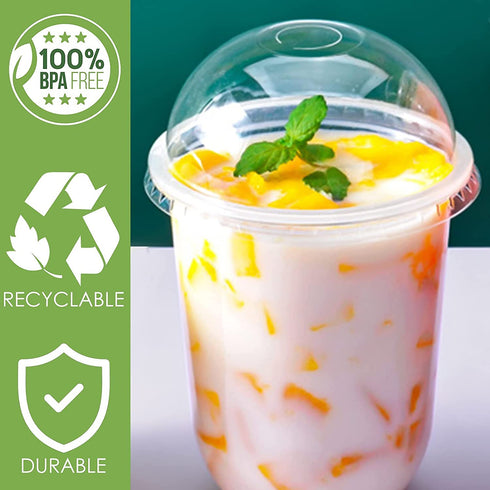 INDRAH 50 Sets 16 oz Clear Plastic Cups With Dome Lids (No Hole) and Sporks, Disposable Parfait Cups Dessert Cups for Fruit Yogurt Smoothie Iced Cold Drinks, No Leaking