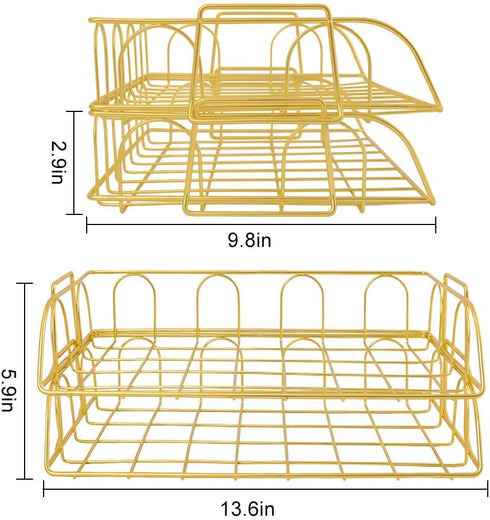 Superbpag 2 Packs Stackable Horizontal Metal File Letter Trays Organizer for Desk,Gold