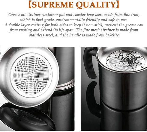 OFNMY Bacon Grease Container with Fine Mesh Strainer - 1.3L/5.2 Cups Stainless Steel Oil Storage Pot Grease Can with Removable Dustproof Lid and Coaster Tray - Oil Pot for Storing Fat, Frying Oil