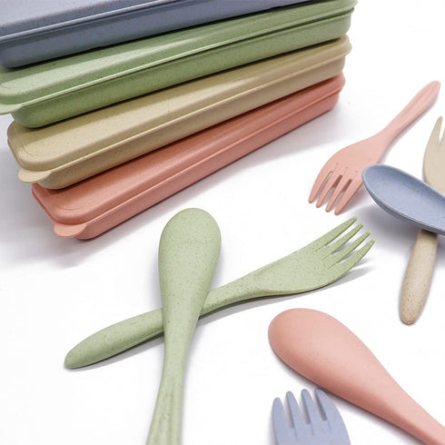 4 Sets Portable Wheat Straw Cutlery,Three-piece Reusable Knife,Fork and Spoon,Great for Celebrate Holidays,Picnics,Travel and Daily Use