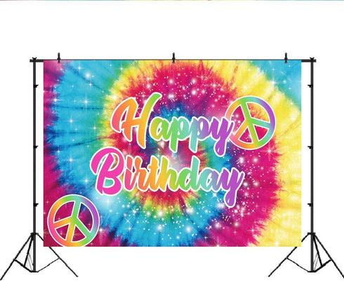 Lofaris Tie-Dye Birthday Party Photography Backdrop 60's Hippie Theme Happy Birthday Background Groovy Sign Rainbow Birthday Decorations Cake Table Banner Photo Booth Props 7x5ft