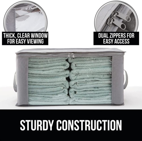 Gorilla Grip Large Capacity 3 Pack Clothes Storage Bag Organizer, 90L, Reinforced Handles, Thick Fabric for Blankets, Bedding, Clothing, Foldable Zipper Container Bags, Clear Window Closet Totes, Gray