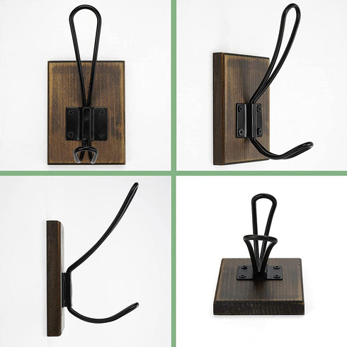 OLBET Farmhouse Towel Hooks for Bathroom Wall Mounted - Rustic Wall Hooks for Hanging Coats - 2 Pack - Retro Iron Wood Hooks - Classical Heavy Duty Hangers for Your House - Weathered Brown
