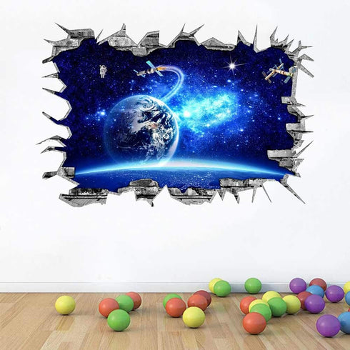 3D Blue Cosmic Galaxy Earth Satellites Wall Decals Magic Milky Way Outer Space Planet Broken Wall Stickers Murals Decor for Home Floor Ceiling Boy Girls Room Kids Bedroom