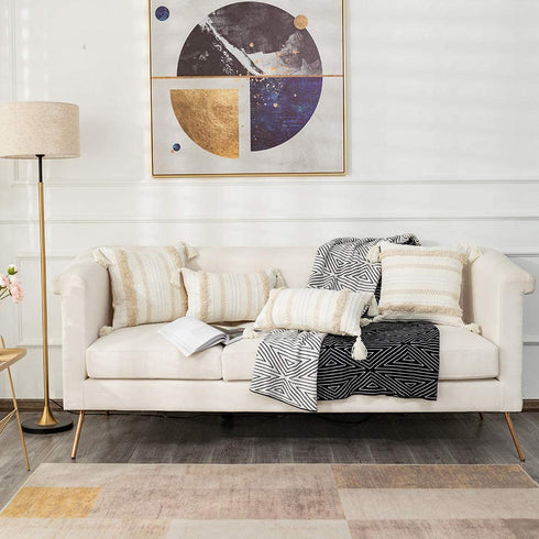 OJIA Boho Decorative Throw Pillow Cover, 20 x 20 Farmhouse Cute Pillowcase Minimalist Neutral Collection Cream White Tufted with Tassels Woven Square Cushion Cover for Sofa Couch Bedroom Living Room