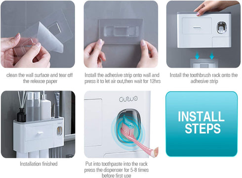 Pretigo Toothbrush Holder Easy Install Large Capacity Storage, with Cosmetic Drawer Organizer and Toothbrush Rack, Integrated with Automatic Toothpaste Dispenser, Space Saving with Magnetic Cup Design