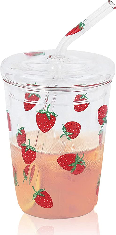 300ml Glass Water Cup with Straw and Lid, Cute Strawberry Mug Glass Milk Bottle Water Juice Smoothie Drinking Cup for Home Office School