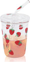 300ml Glass Water Cup with Straw and Lid, Cute Strawberry Mug Glass Milk Bottle Water Juice Smoothie Drinking Cup for Home Office School