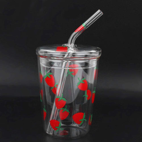 300ml Glass Water Cup with Straw and Lid, Cute Strawberry Mug Glass Milk Bottle Water Juice Smoothie Drinking Cup for Home Office School