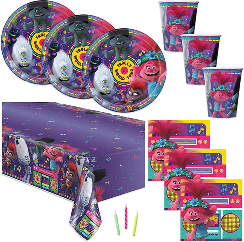 Trolls Theme Birthday Party Supplies - Serves 16 - Tablecover, Plates, Cups, Napkins, Candles