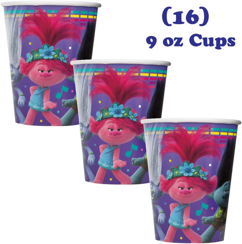 Trolls Theme Birthday Party Supplies - Serves 16 - Tablecover, Plates, Cups, Napkins, Candles