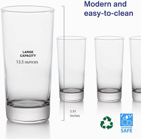 GoodGlassware Highball Glasses (Set of 4) 13.5 oz - Tall Drinking Glass with Heavy Base - for Water, Juice, Cocktails, and Beverages - Dishwasher Safe, Perfect for Kitchen & Bar