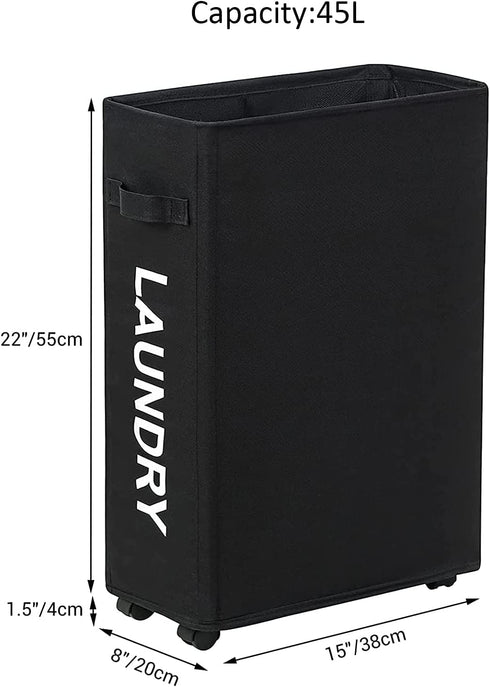 ZERO JET LAG 45L Slim Laundry Hamper on Wheels Rolling Thin Laundry Basket Clothes Basket Tall Dirty Clothes Bin Storage Basket Organizer Sorter Bedroom Bathroom 15—8—22 in (22 Inches,Black)