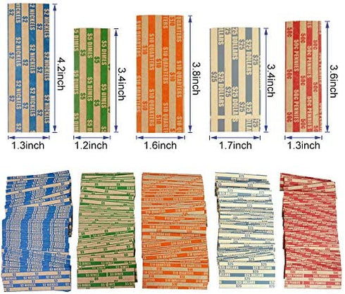 NATURALABEL 250 Assorted Flat Coin Wrappers, 50 Each of Quarters, Dollars, Dimes, Nickels, Pennies, Coin Striped Kraft Packing