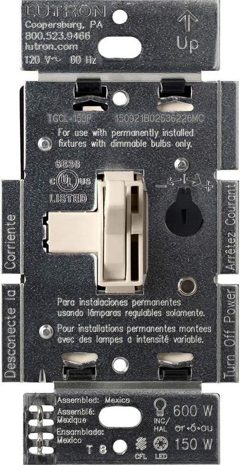 Lutron Toggler LED+ Dimmer Switch | 150-Watt, Single-Pole/3-Way | TGCL-153PH-LA | Light Almond