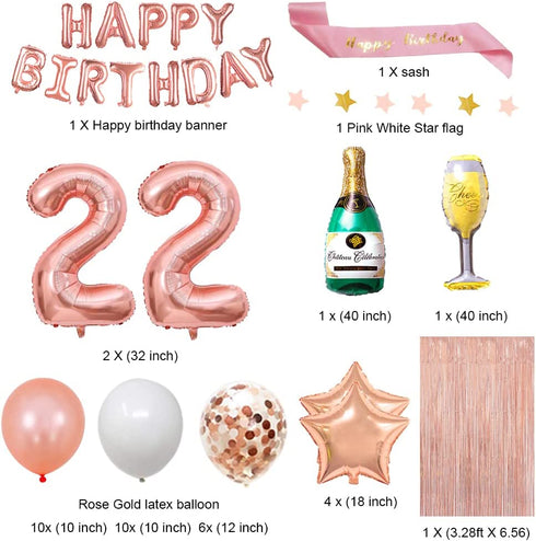 Fancypartyshop 22nd Birthday Decorations - Rose Gold Happy Birthday Banner and Sash with Number 22 Balloons Latex Confetti Balloons Ideal for Girl and Women 22 Years Old Birthday Rose Gold