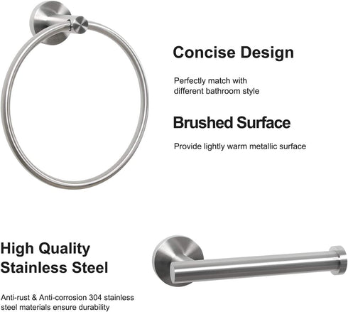 HouseAid Towel Ring and Toilet Paper Holder Set 2 Pieces Bathroom Hardware Stainless Steel Bathroom Hand Towel Holder Circle Towel Hanger Wall Mounted Brushed Nickel