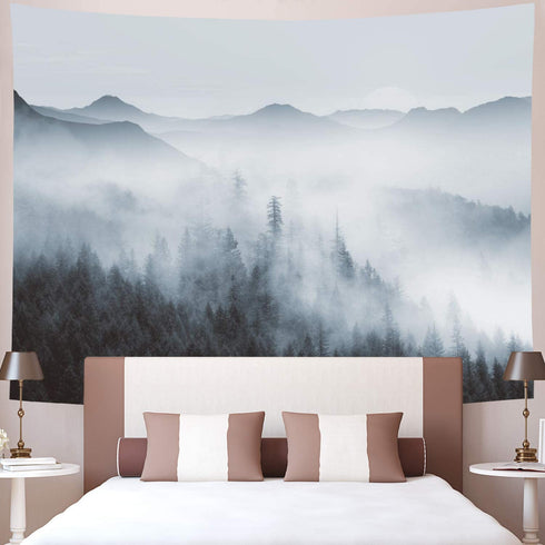 Heopapin Misty Forest Tapestry Forest Trees with Mountain Tapestry Black and White Fantastic Fog Magical Tapestry 3D Vision Nature Landscape Tapestry for Bedroom Living Room Dorm (W78.7 — H59.1)