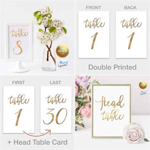 Gold Wedding Table Numbers Cards (1-30 + Head Table) 4x6" Double Sided Modern Calligraphy Foil Design Best for Receptions, Banquets, Caf©s, Restaurants & Parties by Merry Expressions
