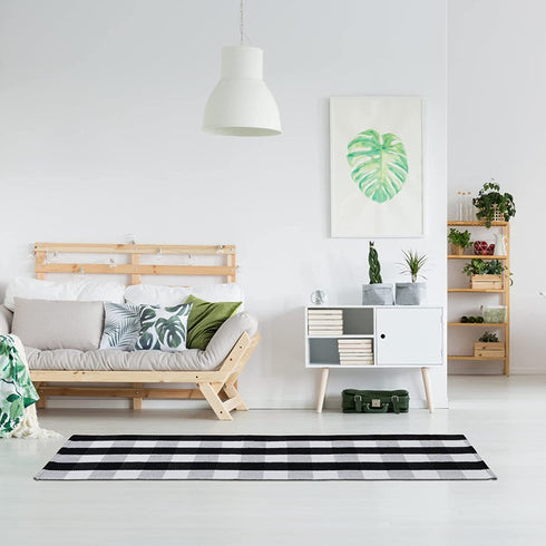 Buffalo Plaid Rug 2 x 6 ft Black and White Checkered Runner Rug Cotton Hand-Woven Indoor Outdoor Rugs for Hallway, Aisle, Kitchen, Laundry