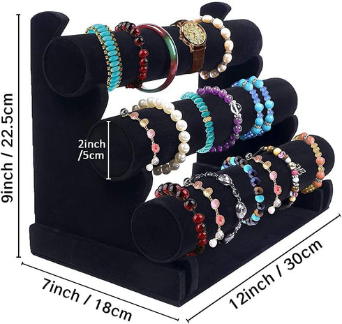 Black Velvet Bracelet & Necklace T-Bar 3 Tier Jewelry Display