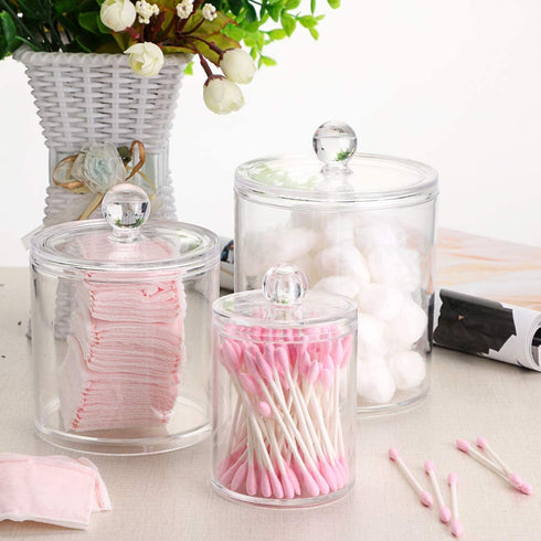 Hipiwe Set of 3 Cotton Ball and Swab Organizer with Lid - Apothecary Acrylic Jar Makeup Cotton Organizer Q-Tips Holder Bathroom Vanity Storage Canister Jar for Cotton Rounds Pads